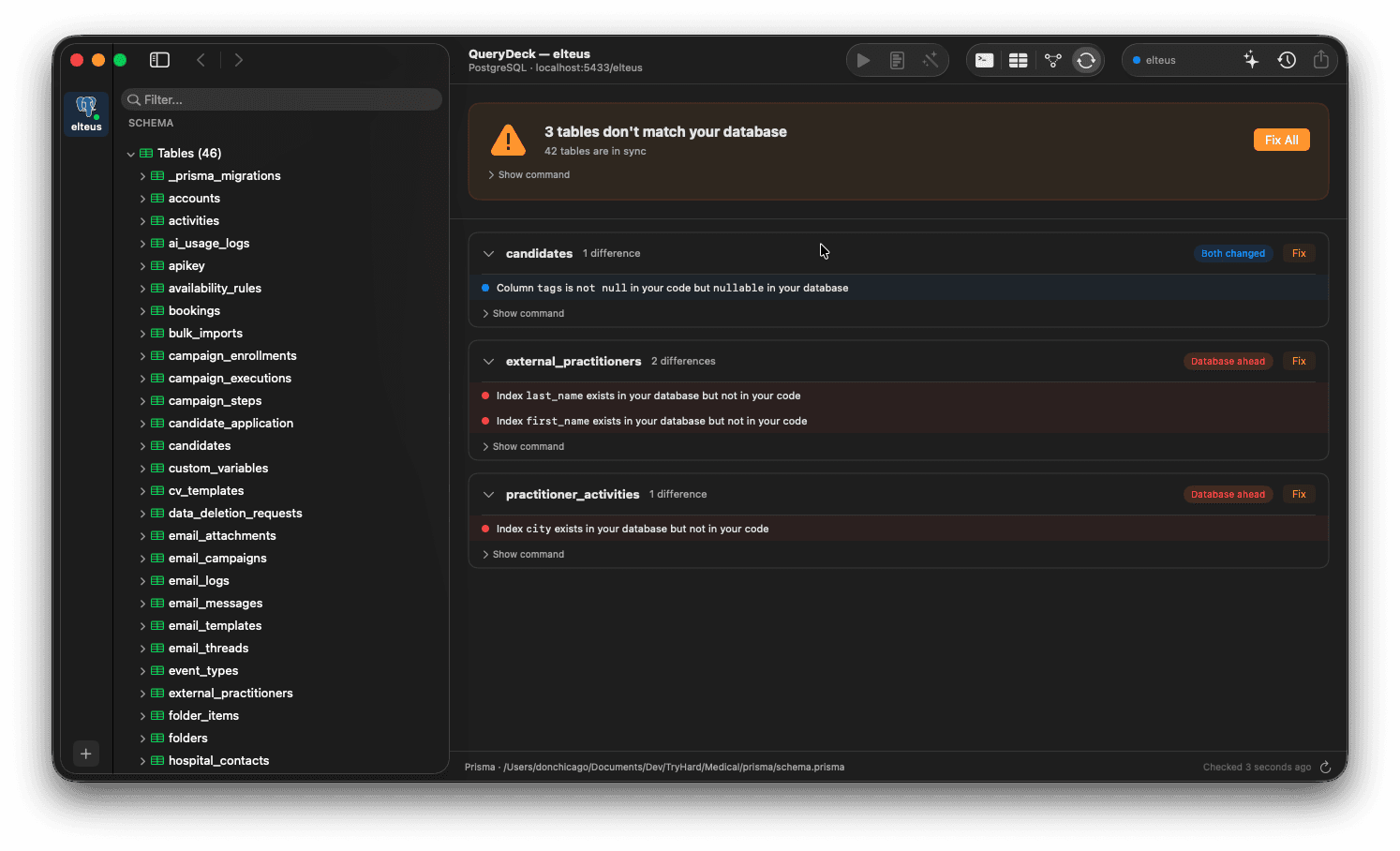 QueryDeck schema drift detection showing differences between Prisma schema and live PostgreSQL database