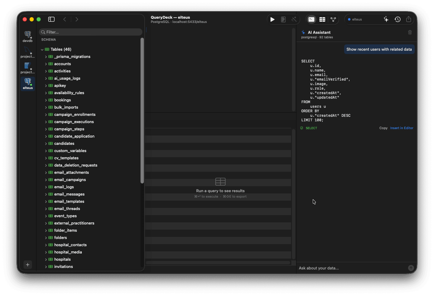 QueryDeck AI assistant generating SQL from natural language with Copy and Insert in Editor buttons