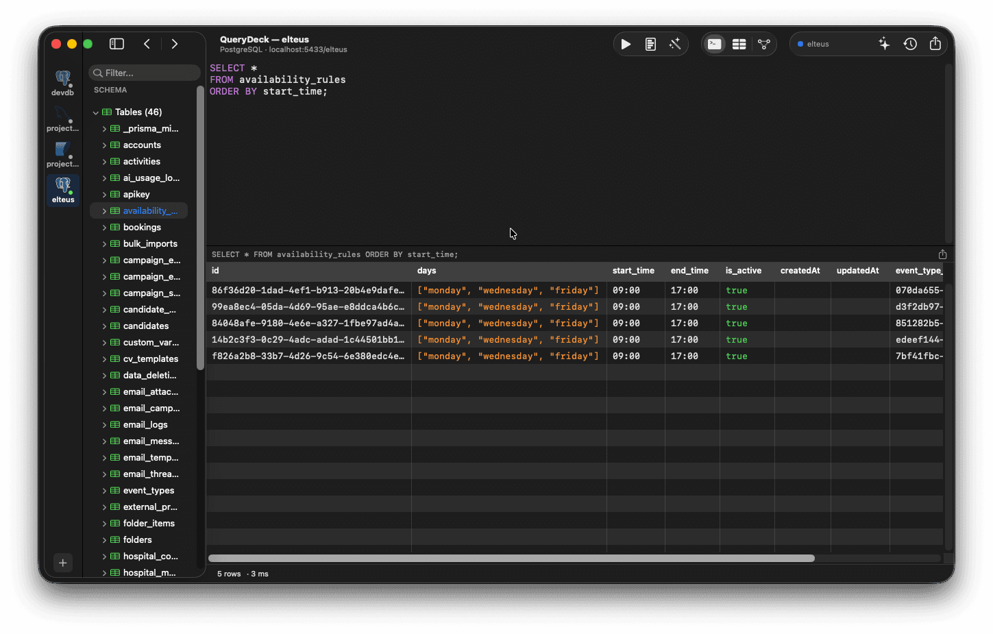 QueryDeck SQL editor with syntax highlighting, schema tree, and query results