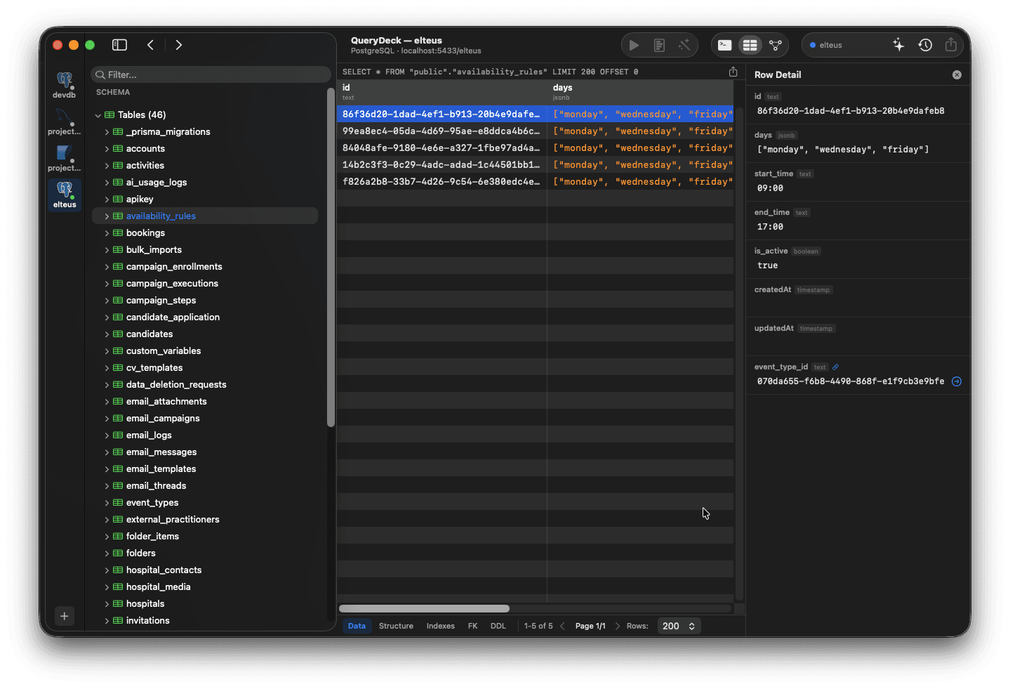 QueryDeck table browser with filter pills, row detail panel, and FK navigation